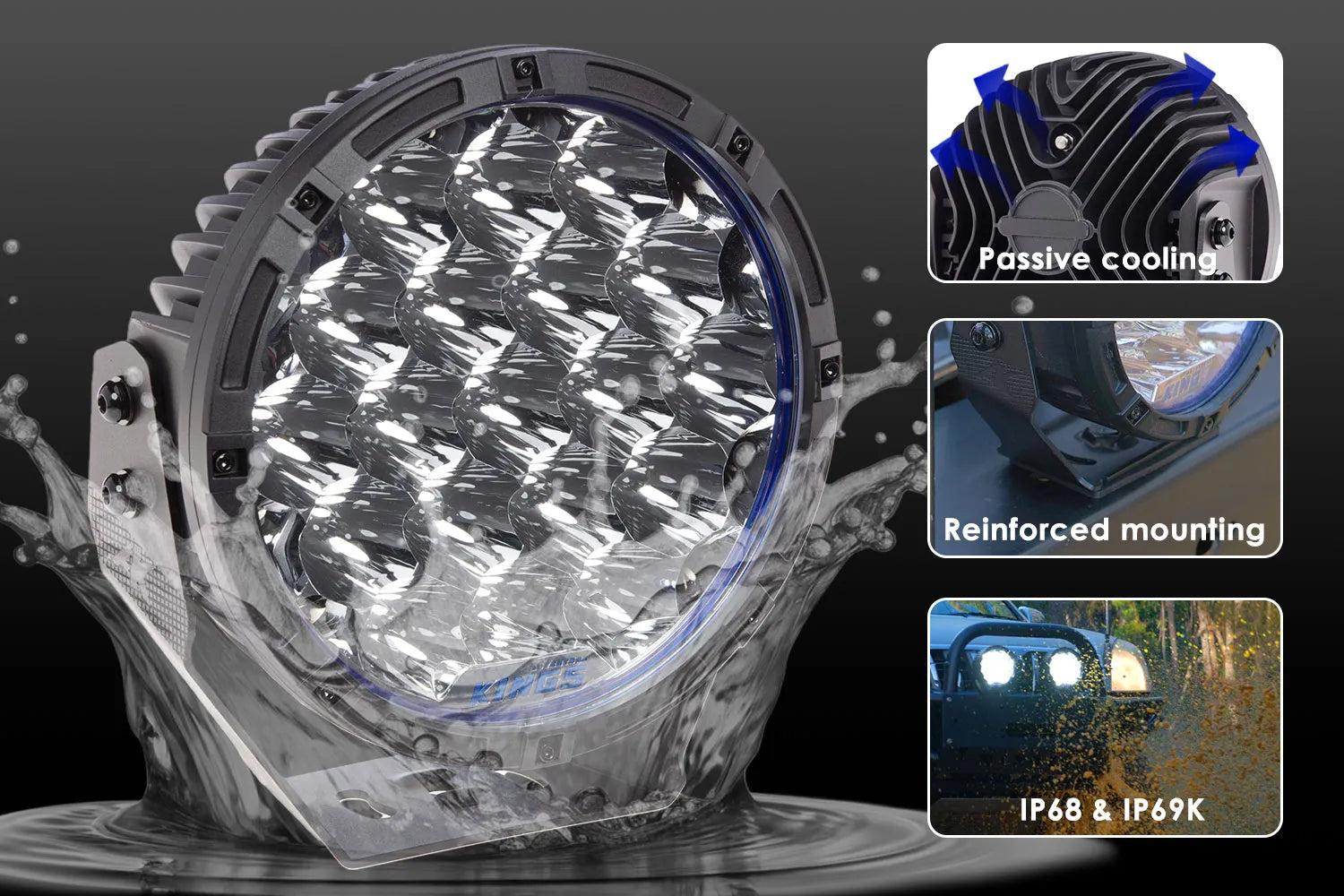 Kings 9" Lethal Driving Lights (Pair) | Lens Covers Included | 1 Lux @ 1,212 M | 16,362 Lumens | IP68 and IP69K | 3mm Powder-Coated Brackets