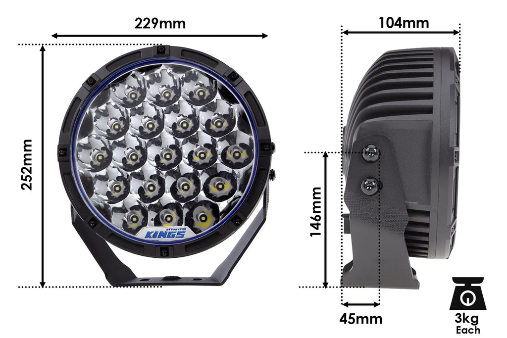 Kings 9" Lethal Driving Lights (Pair) | Lens Covers Included | 1 Lux @ 1,212 M | 16,362 Lumens | IP68 and IP69K | 3mm Powder-Coated Brackets