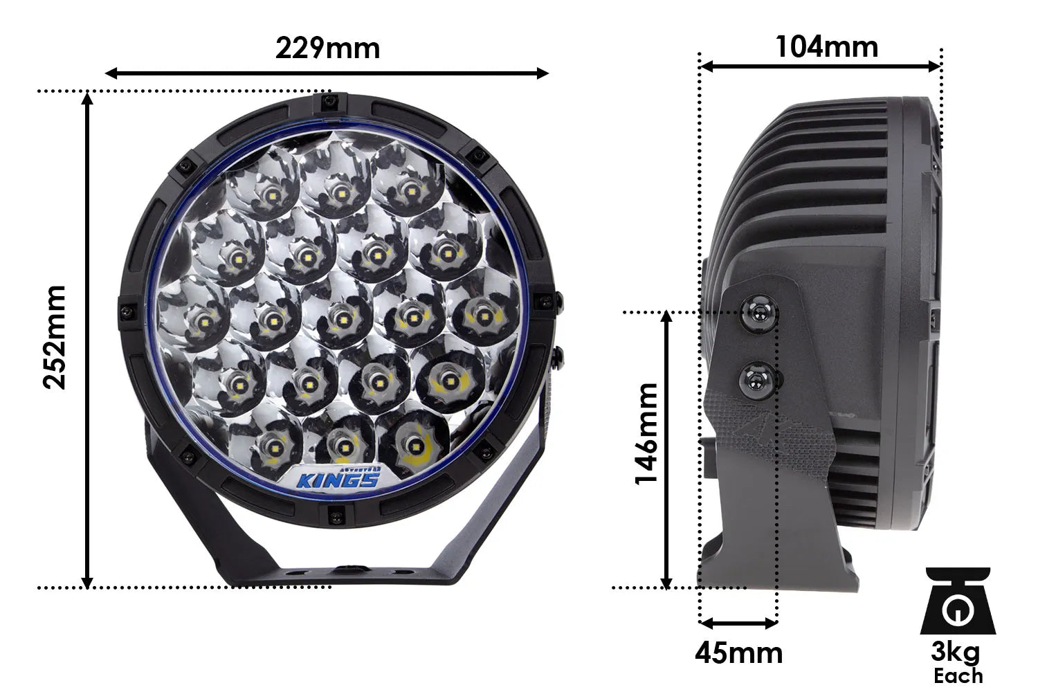Kings 9" Lethal Driving Lights (Pair) | Lens Covers Included | 1 Lux @ 1,212 M | 16,362 Lumens | IP68 and IP69K | 3mm Powder-Coated Brackets